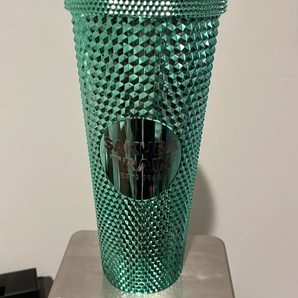 Japan Japanese Sakura Train Bullet Travel Rare Tumbler with Straw Tall Green